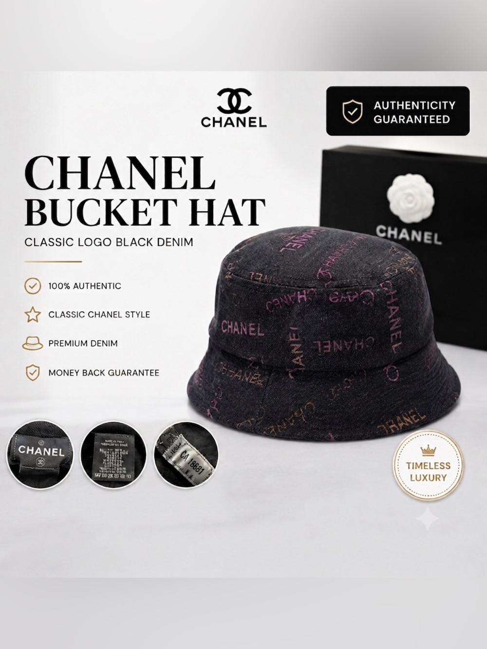 Authentic CHANEL Classic Logo Black Denim Bucket Hat 22p Medium